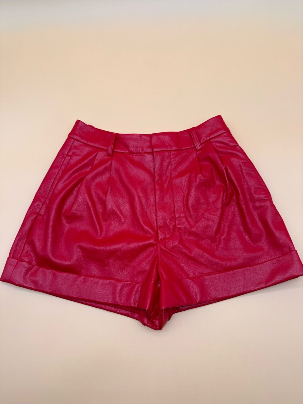 Alice + Olivia Perfect Ruby Red Conroy Faux Leather Cuff Shorts HighWaist Preppy